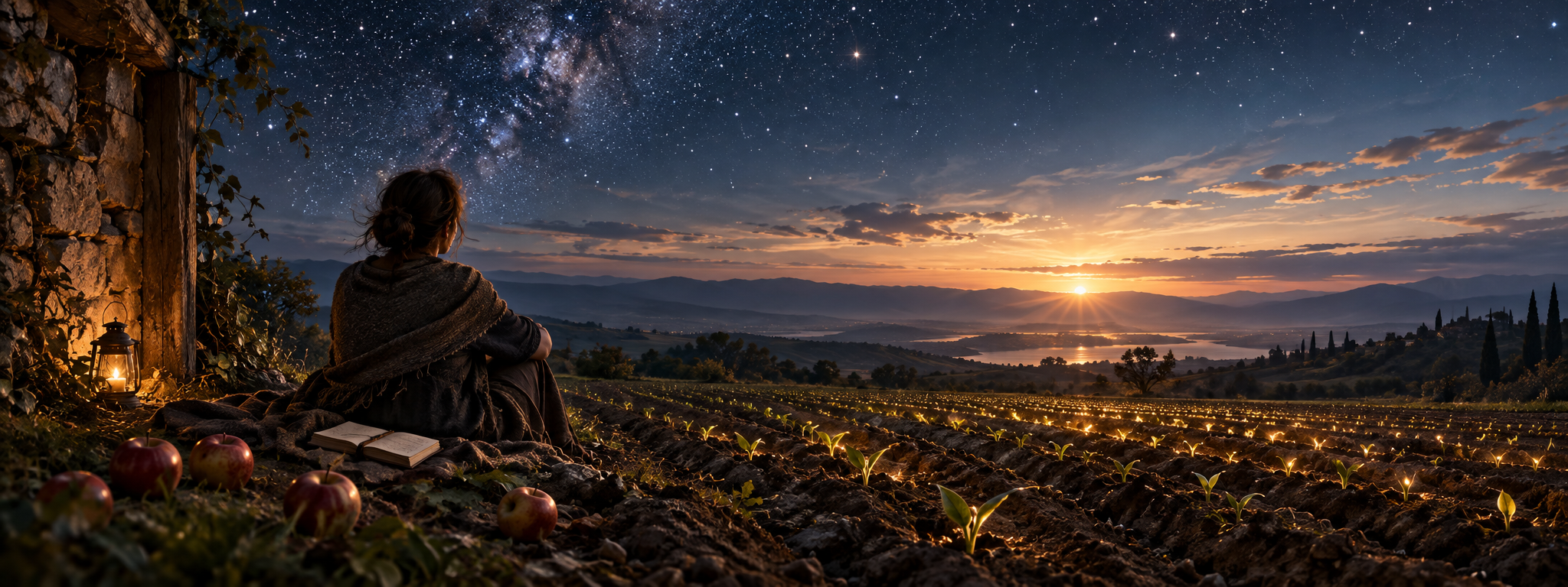Una mujer contempla un campo sembrado bajo las estrellas, con manzanas sobre la tierra