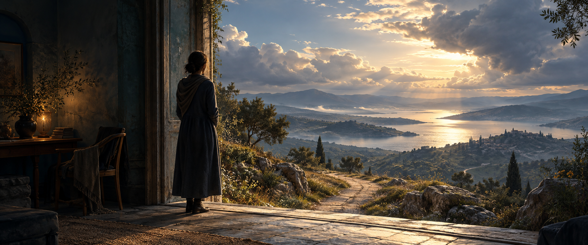Una mujer contempla desde un umbral el paisaje abierto de la vida