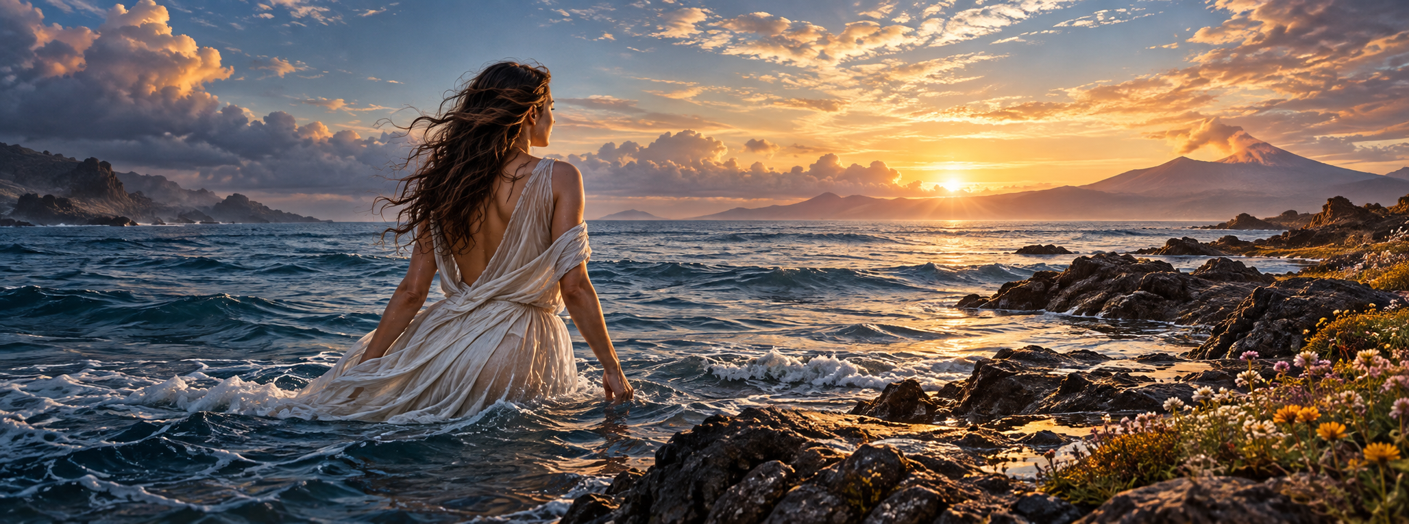 Una mujer emerge del mar entre cielo, viento, tierra, flores y fuego lejano