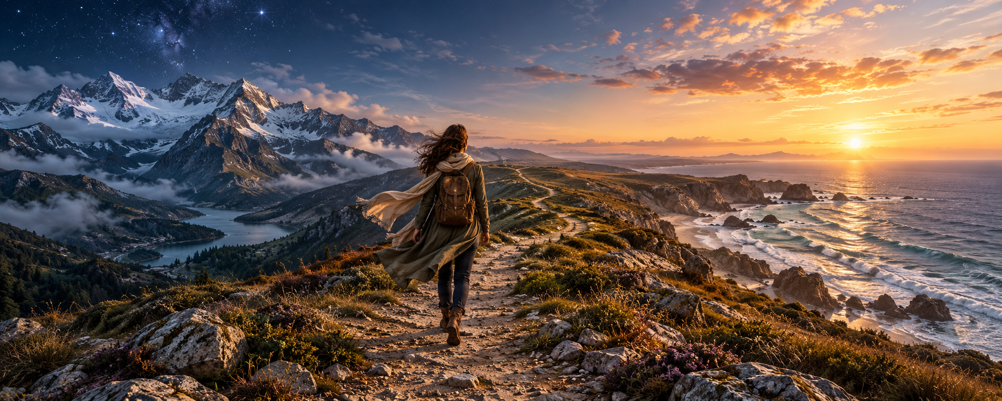 Una mujer camina con el viento entre el mar, las montañas nevadas, la noche y el amanecer