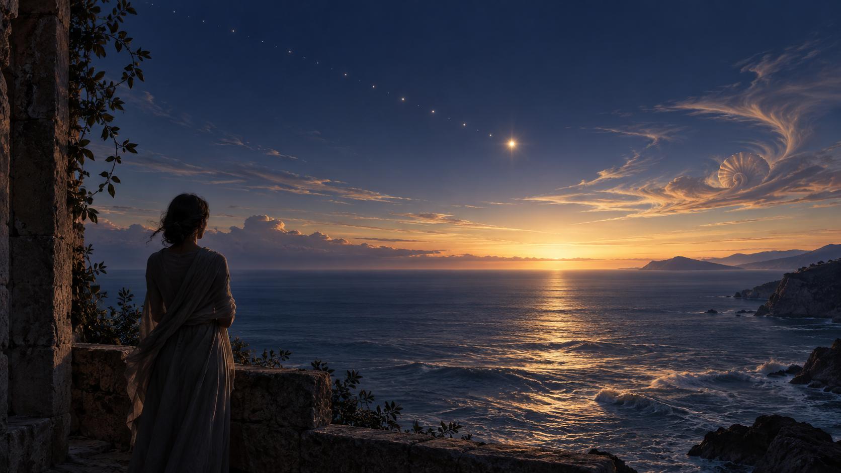 El lucero del alba sobre el mar y una mujer que contempla el amanecer