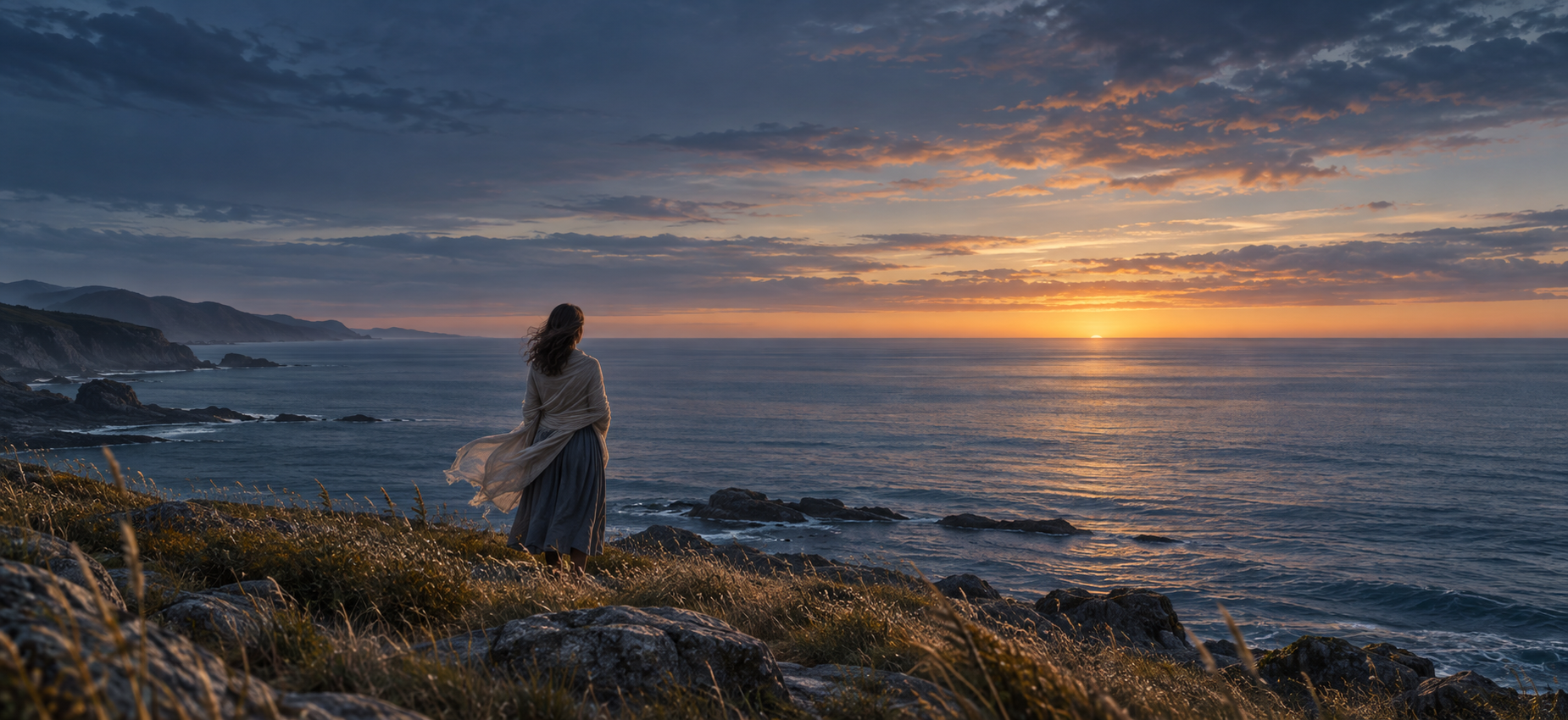 Una mujer contempla el mar sereno al amanecer